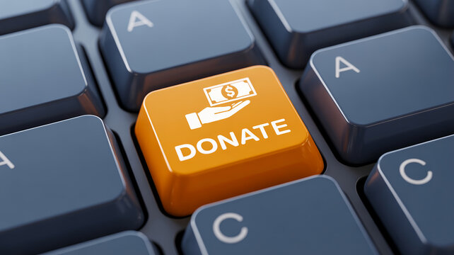 An orange donate button with a money icon on a computer keyboard for online giving