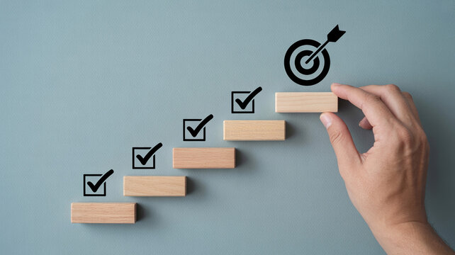 Hand building a staircase of wooden blocks with checkmarks leading to a target symbolizing goal achievement and progress