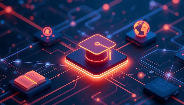 E-Learning Education Network AI Graduation Cap Node Flowchart Concept