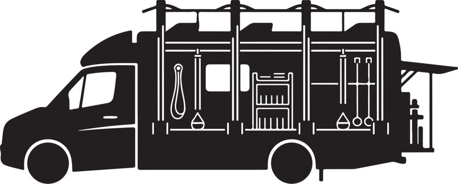 Black silhouette van conversion, campervan interior, cargo van organization, mobile workspace