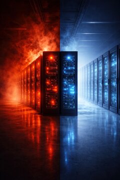 Split data center with hot and cold zones, cooling and overheating contrast in server infrastructure concept.