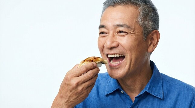 飲食店の広告や和食メニューに最適な、穴子の握り寿司を笑顔で食べる50代日本人男性