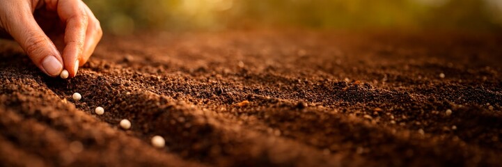 Hand sowing seeds in soil in wide banner composition with copy space, agriculture and farming concept.