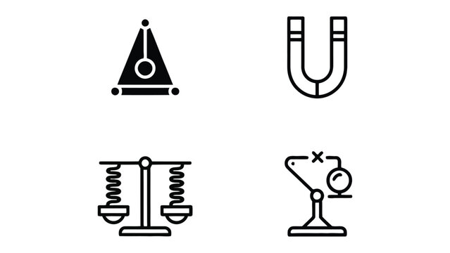 Science Icons: A collection of precise illustrations featuring a pendulum, a horseshoe magnet, a balance scale, and an electroscope.