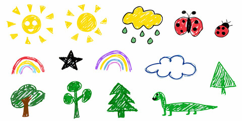 Child s drawing featuring suns rainbows a ladybug and other whimsical shapes © Asit
