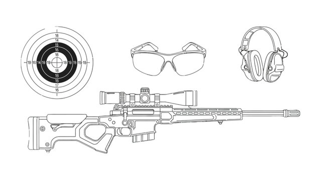 Target Shooting Gear: A collection of precision shooting equipment, including a high-powered rifle with a scope, safety glasses, earmuffs, and a bullseye target, ready for action.