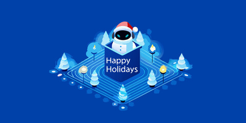Isometric illustration of a robot rocket with a festive holiday message © Asit