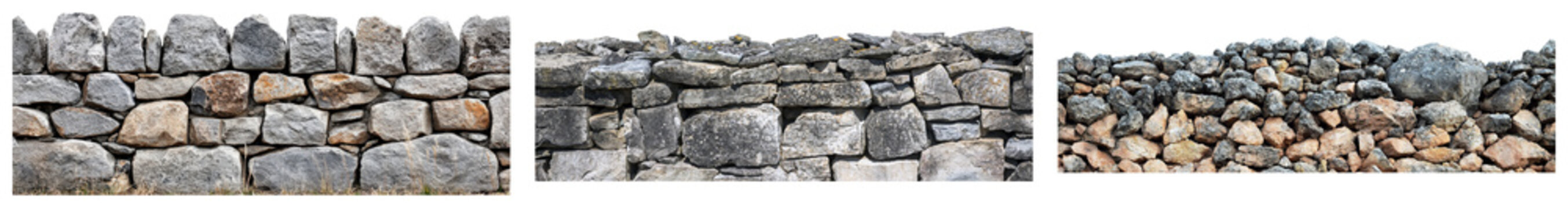 Detailed close-up of various natural dry stone walls and rock textures, isolated on transparent background for design.