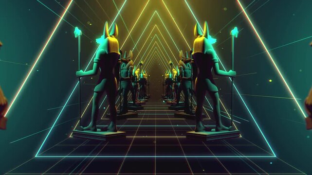 4K seamless turquoise and orange VJ loop tunnel featuring a stylized, geometric 3D God Anubis figure with glowing circuits for VJ sets, stage screens, electronic music festivals and LED video walls