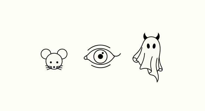 Set of simple line art icons featuring a cute mouse face, a human eye, and a spooky ghost with devil horns, minimalist vector illustration