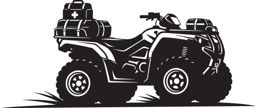 Off-road ATV vehicle, all-terrain quad bike, black and white illustration, outdoor adventure transport