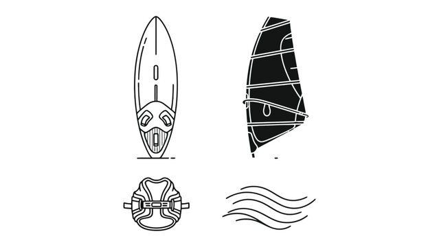 Windsurf Line Art: Minimalist line art depicting windsurf equipment and waves, perfect for illustrating summer sport and coastal lifestyle concepts.