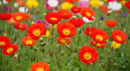 Fototapeta premium Vibrant red poppies blooming in a colorful flower field