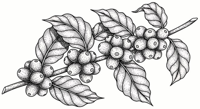 Coffee branch with coffee beans and leaves, hand drawn illustration
