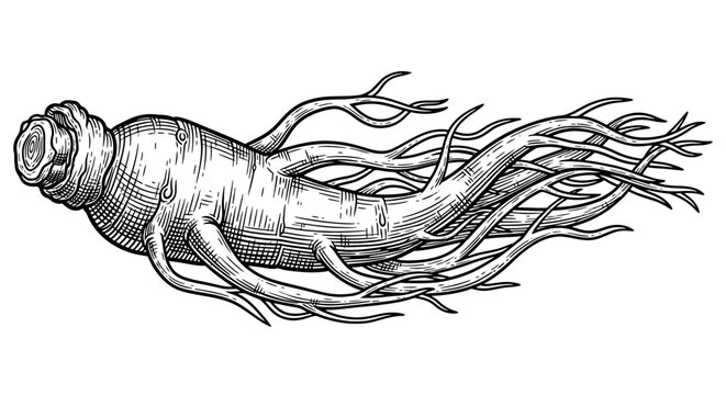 Ginseng root illustration, drawing, engraving, ink, line art, vector hand drawn illustration of ginseng root