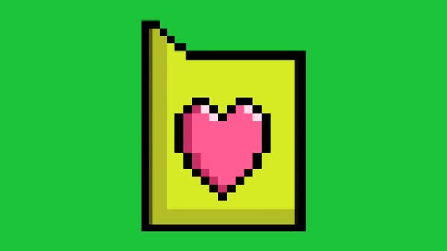 Pixel art heart icon on sticky note animation isolated on green background retro digital love symbol design