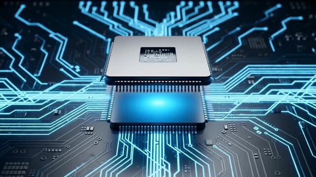 Advanced microprocessor chip on glowing blue circuit board, futuristic semiconductor technology animation for high speed computing, digital hardware architecture and processor performance