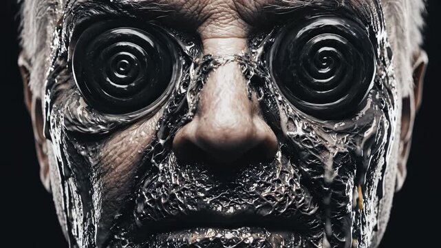Closeup of an elderly person with spiral eyes for commercial backgrounds, digital design, and advertising