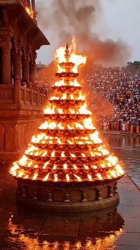 A sacred ganga dussehra celebration features a towering, fiery diya pyramid illuminating a temple ghat with a vibrant glow.
