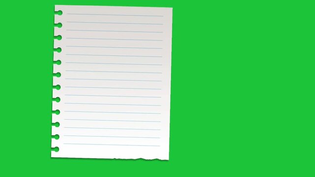Torn notebook paper page with lines isolated on green background simple stationery design clean template