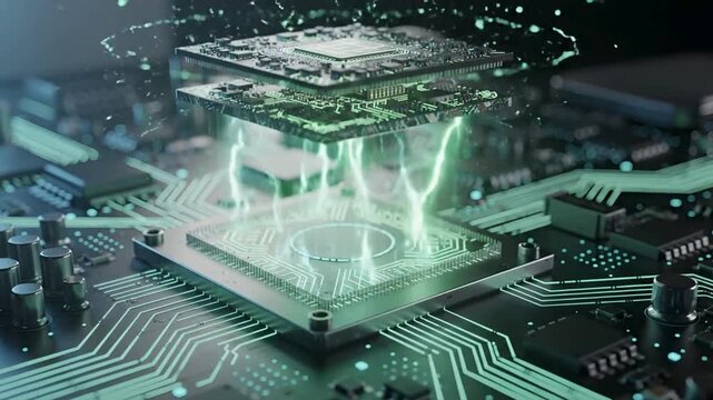 Futuristic processor animation video with green energy field, advanced semiconductor levitation concept, digital computing technology and electronic circuit background