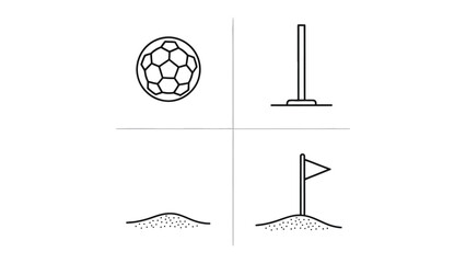 Soccer Icon Set: Minimalistic icons of essential soccer elements, including a soccer ball, goalpost, and corner flag, presented in a clean and simple design, ideal for various applications. © mahmuda428