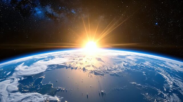 Beautiful Sunrise Over Blue Planet Earth With Clouds and City Lights Seen From Space With a Dazzling Sunburst and Stars