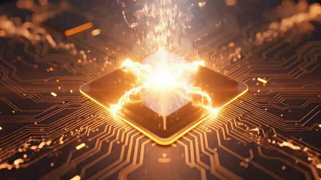 Quantum chip animation video with glowing energy burst, futuristic processor ignition concept, advanced semiconductor power and digital circuit background