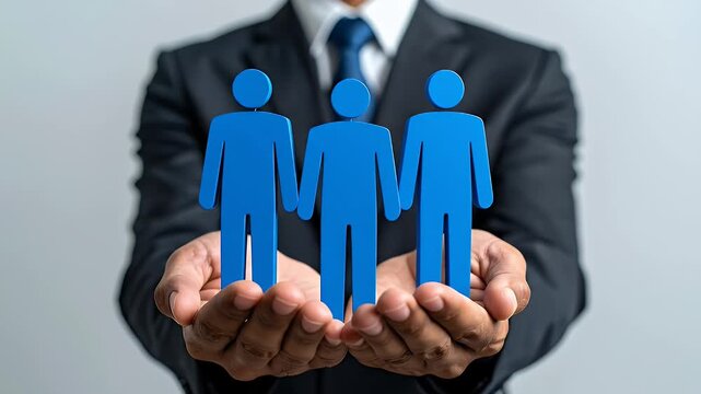 Black Suit Businessman Holding Blue Human Icons in Open Hands against Light Gray Background