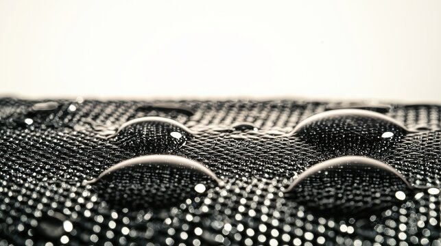 Hydrophobic spray effectiveness test laboratory fabric sample water beads spherical droplets surface tension demonstration treated textile material protection