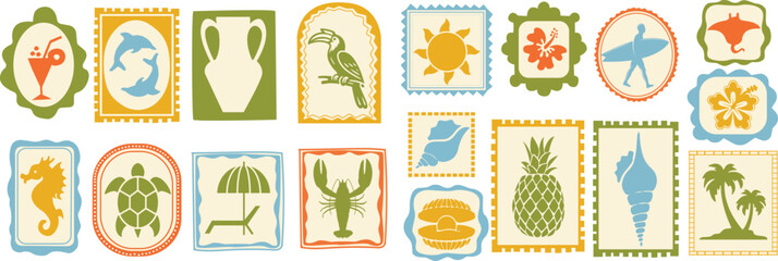Colorful retro summer postage stamp set vector. Tropical beach elements including dolphin, turtle, pineapple, lobster and seahorse icons, perfect for travel and coastal designs. © Sajjit