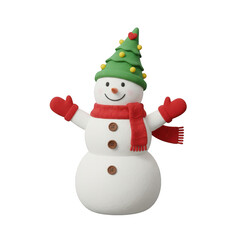 Fototapeta premium Clay style snowman with christmas tree hat and red scarf isolated on a transparent background