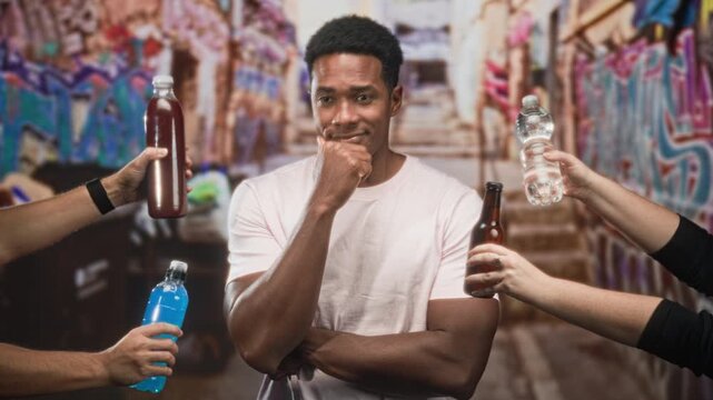 Man with hand on chin and crossed arms weighing offered bottles and a beer in a graffiti street; temptation indecision.
