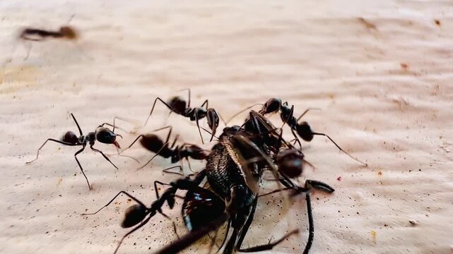 This macro image shows a large number of black ants swarming to feed on dead insects on a concrete floor, revealing their coordinated feeding behavior and movement as they decompose organic matter