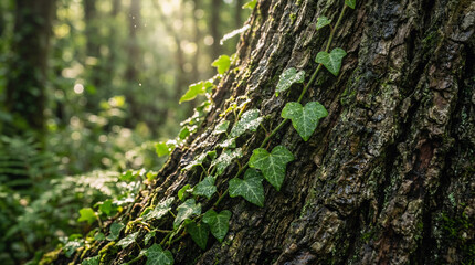 Obraz premium Sunlight Filtering Through Forest Trees Onto Ivy Vines on a Textured Trunk