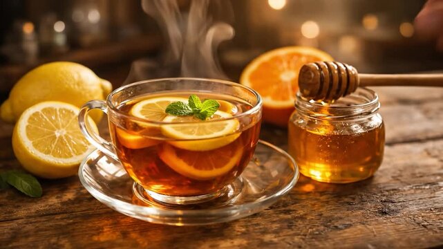 Bright honey lemon tea with fresh mint and citrus slices on table