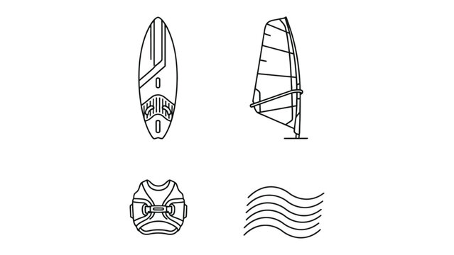 Windsurfing Elements: A set of isolated line art illustrations showcasing key windsurfing elements: a windsurf board, sail, harness and water waves. 