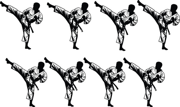 Collection of martial arts silhouettes featuring a karate fighter performing high side kicks for professional sports and dojo design projects.