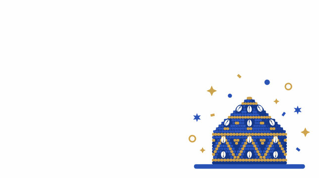 Ornate Blue and Gold Beaded Hat with Cowrie Shells, Celebratory Confetti and Stars, Traditional African Art