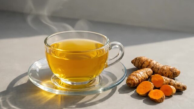 Simple golden tea cup with turmeric roots on minimal clean background setting