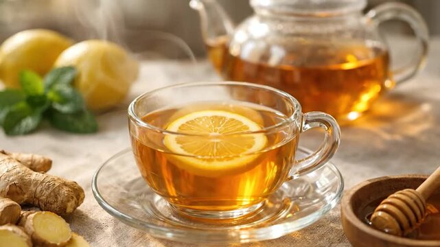 Warm lemon tea cup with steam beside honey jar and citrus slices