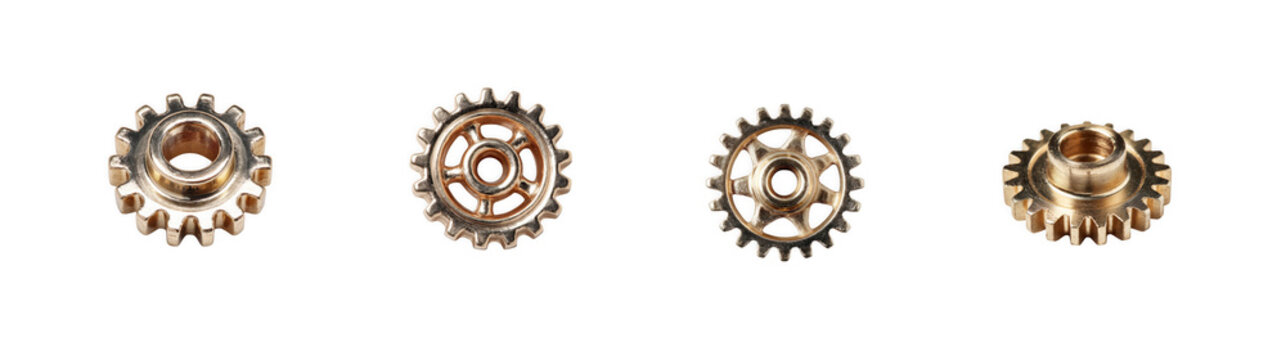 Four metallic mechanical gear cogs with mechanical, industrial, engineering isolated on transparent background