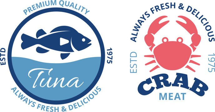 Premium quality crab meat product labels displaying brand identity