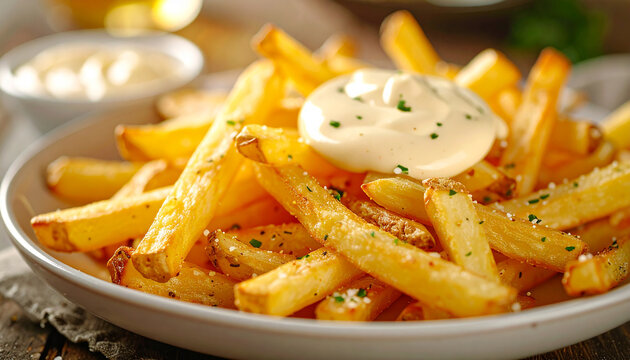 Perfectly styled fries with aioli sauce, golden crisp texture, tasty food. Delicious meal. Cooking and culinary concept.