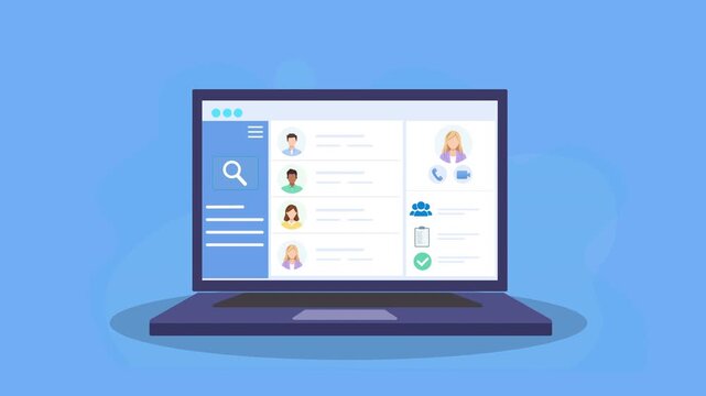 Animated laptop showing an account management dashboard with user profiles and data panels, representing AI system control, organization, and modern digital workflow in flat motion design.