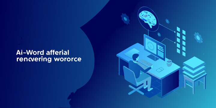 Isometric illustration depicting ai technology and a person at a desk