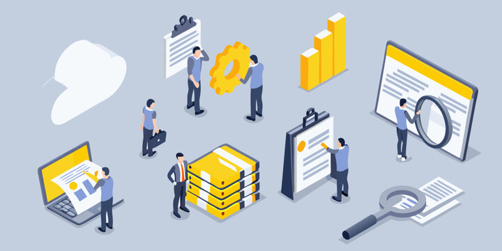 Isometric illustration depicting business analysis data and collaborative teamwork