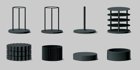 Minimalist collection of dark grey geometric display stands and cylinders © Bebdas