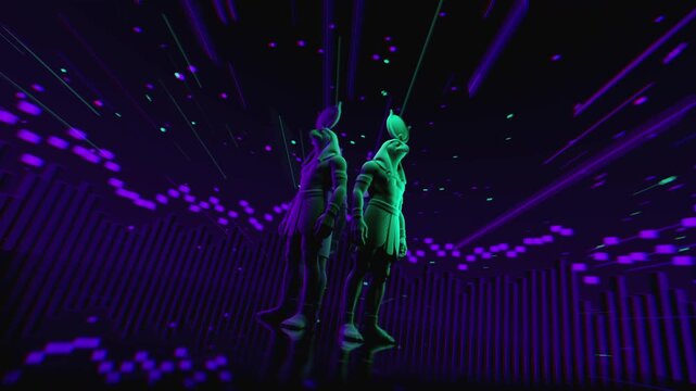 4K seamless turquoise and lilac VJ loop featuring a stylized, geometric 3D Ra deity figure with glowing circuits for VJ sets, stage screens, electronic music festivals and LED video walls