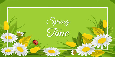 A vibrant spring scene with flowers a ladybug and decorative text © Bebdas